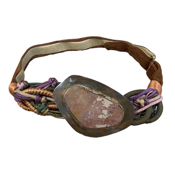 Unbranded Accessories - Vintage 80s Boutique Large Stone Rock Braided Rope Knotted Brass Gold Suede Belt